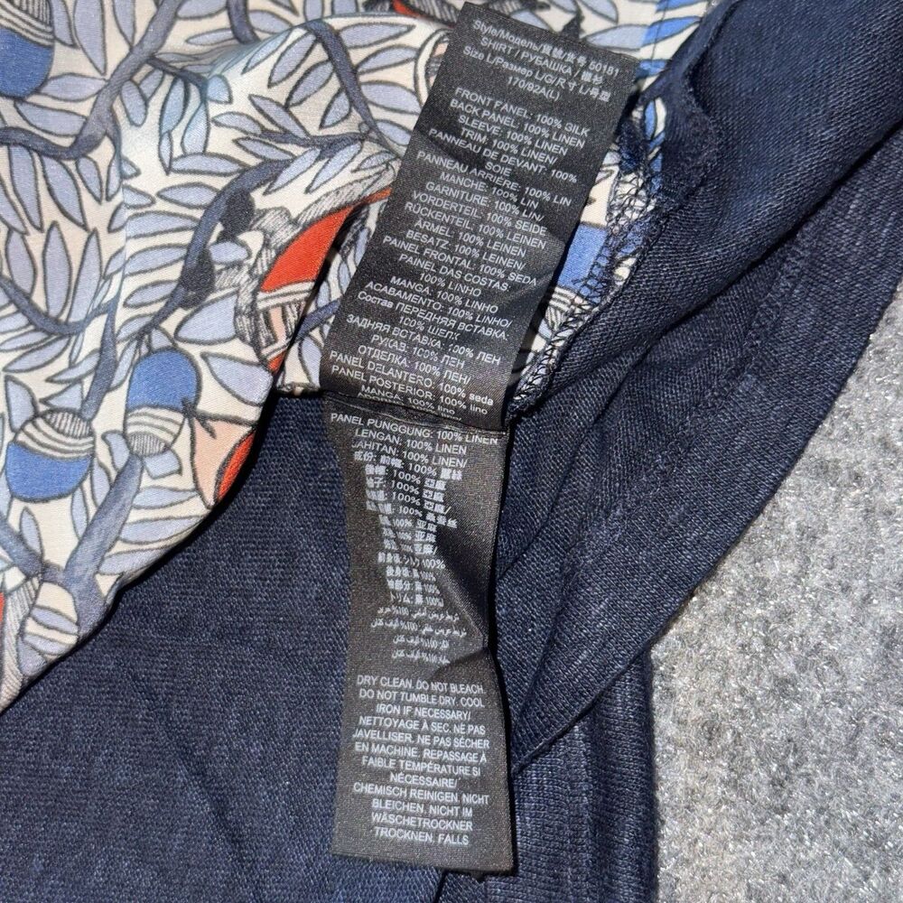 Tory Burch Silk Front Linen Top Bird Print Short Sleeve Blue Graphic Blouse L - Picture 6 of 8